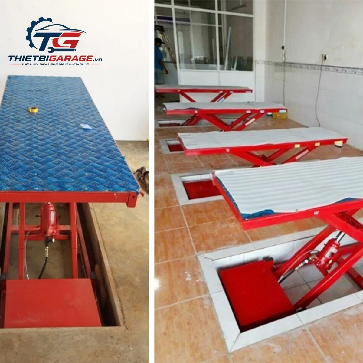 Nhiều bàn nâng xe máy đặt âm nền Lộc Phát BNAN-HY01 được bố trí thẳng hàng trong garage hiện đại.