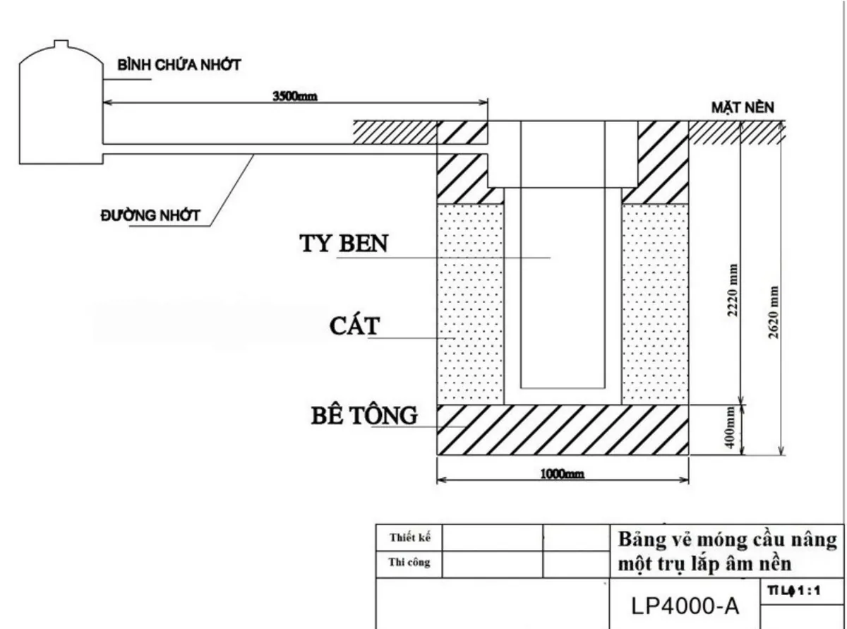 Bản vẽ móng cầu nâng 1 trụ lắp đặt âm nền, chi tiết kích thước và cấu tạo nền móng.
