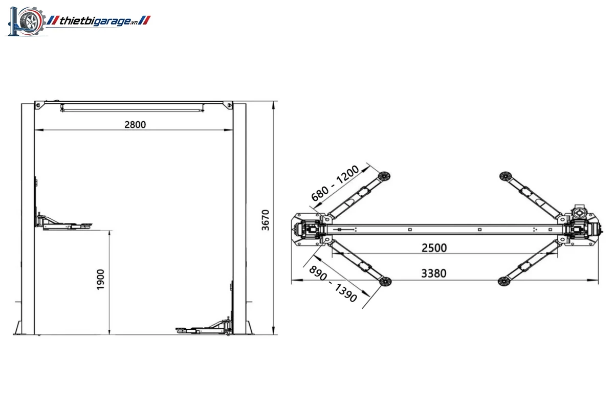 Cầu nâng ô tô 2 trụ Suntek-4000T đang nâng một chiếc xe máy gầm cao.