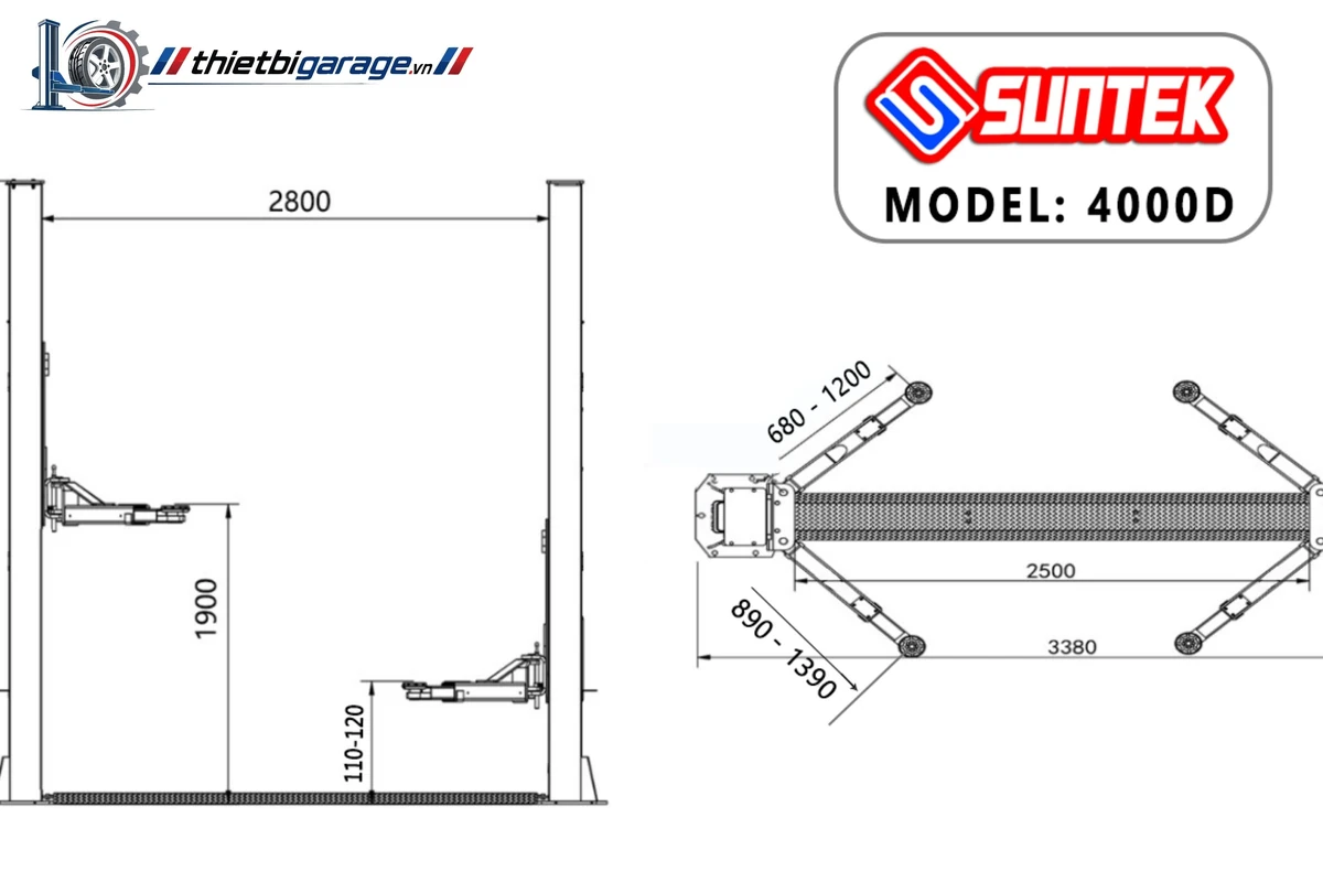 Suntek 4000D chi tiết Cận cảnh chi tiết cầu nâng ô tô 2 trụ Suntek 4000D.