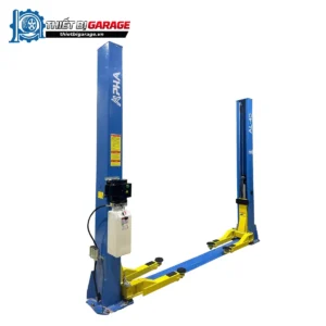 Cầu nâng ô tô 2 trụ Alpha AL-4D màu xanh dương và vàng, thiết bị sửa chữa xe chuyên nghiệp.