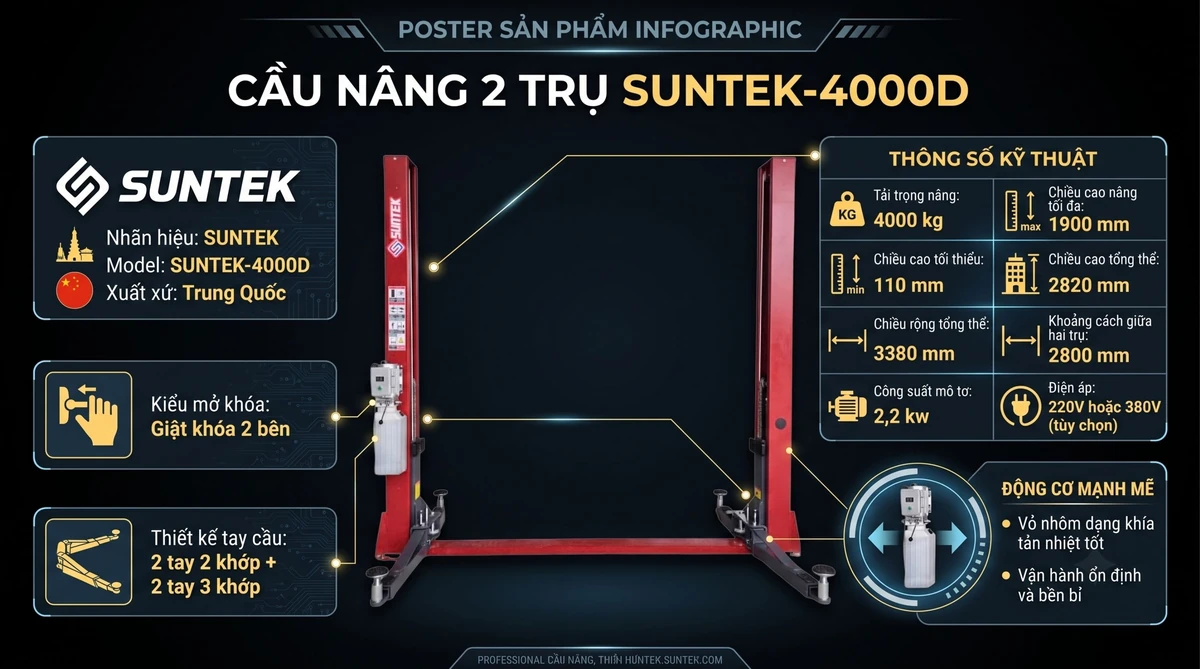 Thông số kỹ thuật Suntek 4000D Bảng thông số kỹ thuật chi tiết của cầu nâng ô tô 2 trụ Suntek 4000D.