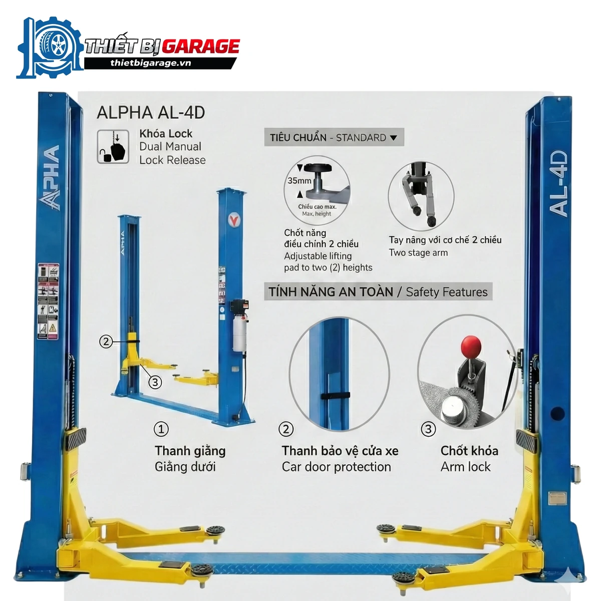 Cầu nâng ô tô 2 trụ Alpha AL-4D màu xanh dương và vàng, thiết bị chuyên dụng cho garage.