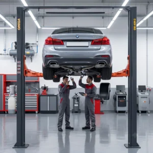 Cầu nâng ô tô Omega OM-40H-2 bàn giao, nâng thử tải xe BMW tại garage uy tín