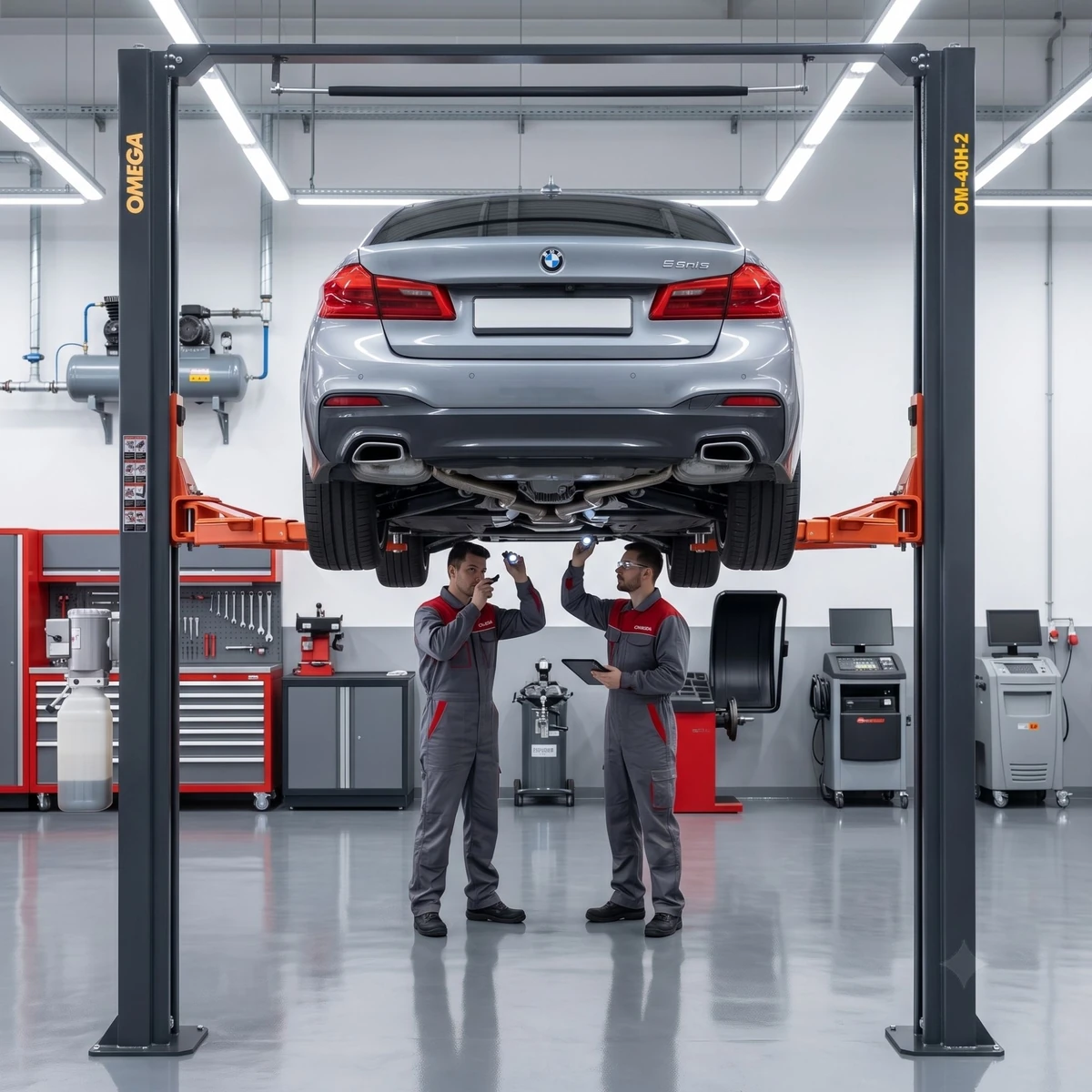 Cầu nâng ô tô Omega OM-40H-2 bàn giao, nâng thử tải xe BMW tại garage uy tín