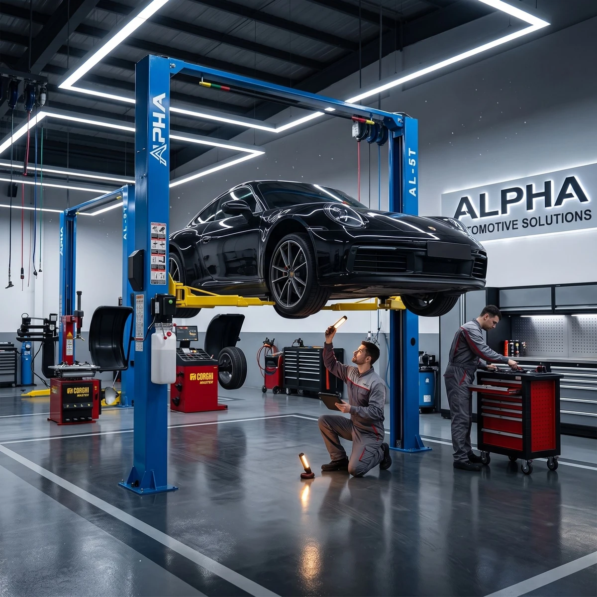 Cầu nâng Alpha AL-5T nâng Mercedes Cầu nâng ô tô 2 trụ Alpha AL-5T nâng xe Mercedes trong gara hiện đại.