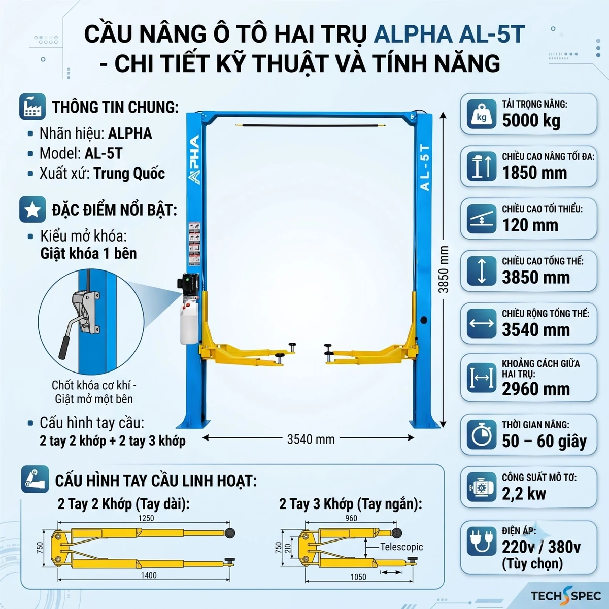 Thiết kế cầu nâng Alpha AL-5T Cận cảnh thiết kế thông minh của cầu nâng ô tô 2 trụ Alpha AL-5T.