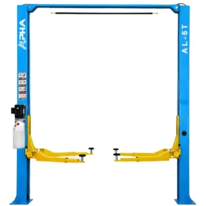 Cận cảnh cầu nâng ô tô 2 trụ Alpha AL-5T màu xanh dương, thiết kế chắc chắn.