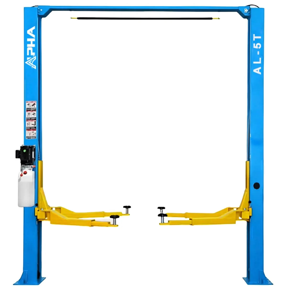 Cận cảnh cầu nâng ô tô 2 trụ Alpha AL-5T màu xanh dương, thiết kế chắc chắn.