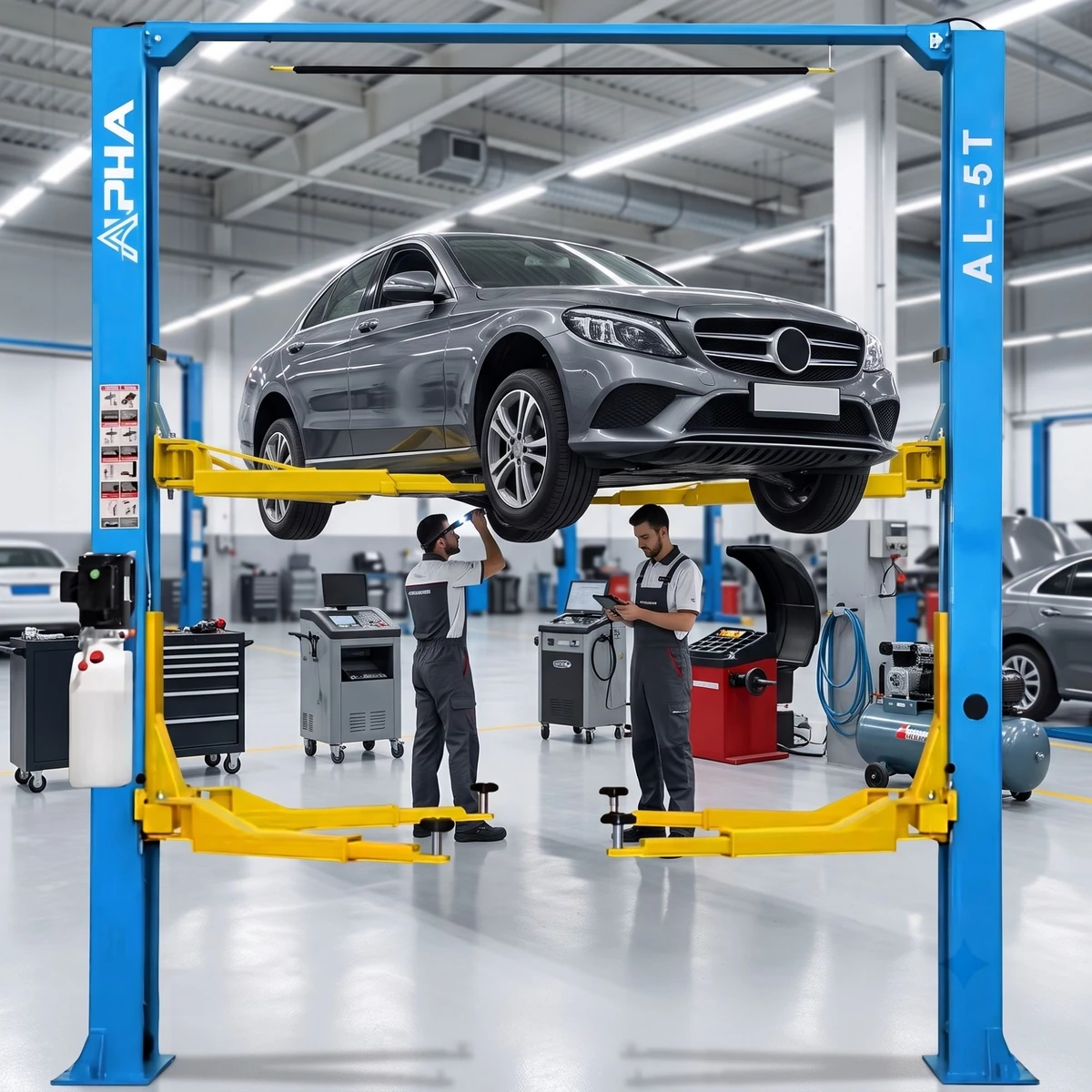 Cầu nâng Alpha AL-5T và thiết bị sửa chữa Cầu nâng ô tô 2 trụ Alpha AL-5T kết hợp với các thiết bị sửa chữa khác trong gara.