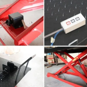 Chi tiết bàn nâng xe mô tô Lộc Phát 500kg: bộ điều khiển điện, khóa an toàn, tay đẩy, ty ben thủy lực.