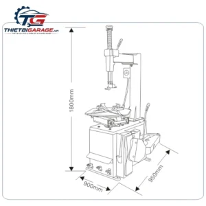 Bản vẽ kích thước máy tháo lốp Fly Speed FS-808, chiều cao 1800mm, rộng 900mm, sâu 950mm.