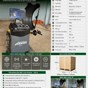Máy cân bằng lốp ô tô FOGGIA F827X LCD 22 inch với màn hình hiển thị thông số kỹ thuật chi tiết.
