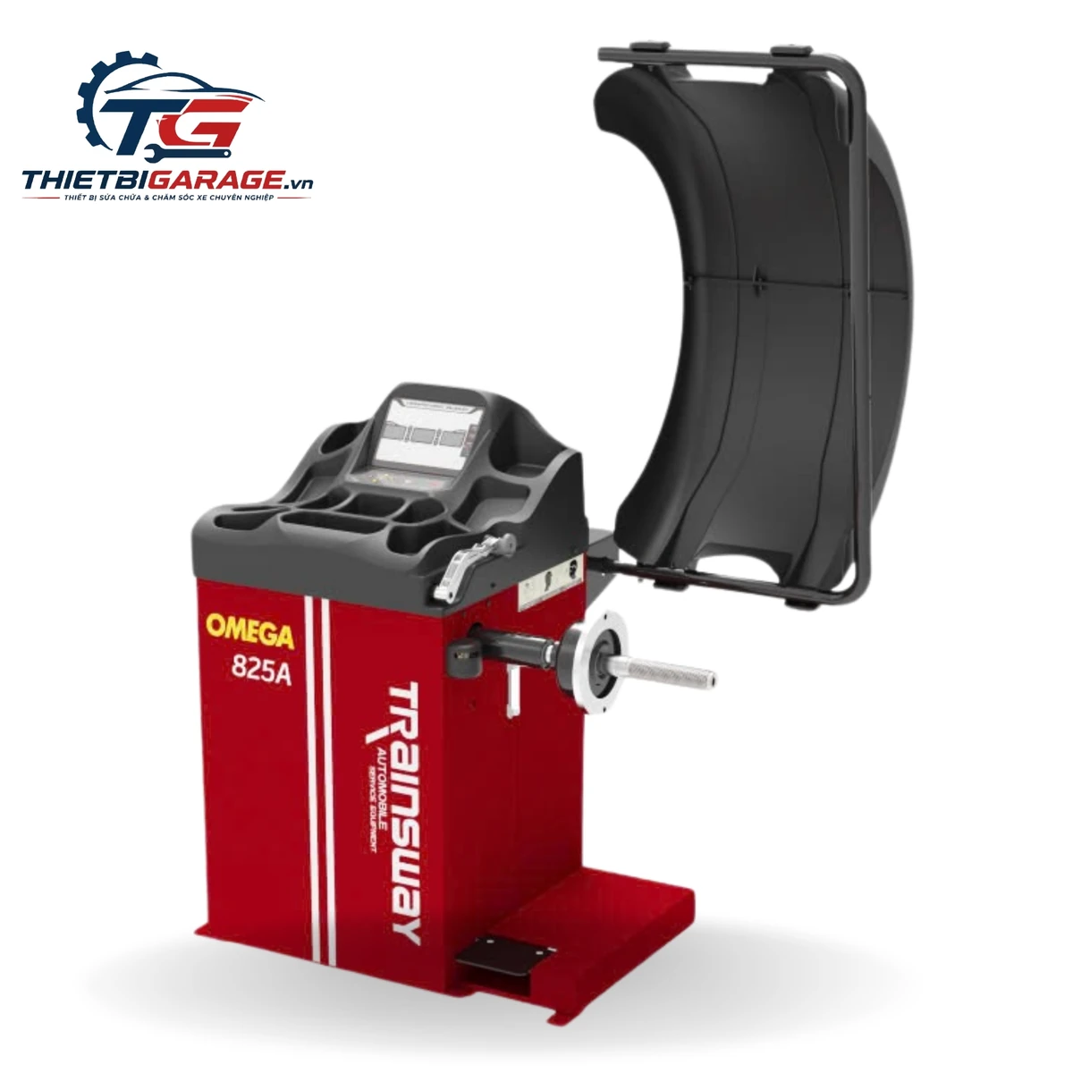 Máy cân bằng lốp ô tô OMEGA-825A màu đỏ, thiết bị Lộc Phát, hoạt động trong không gian garage.