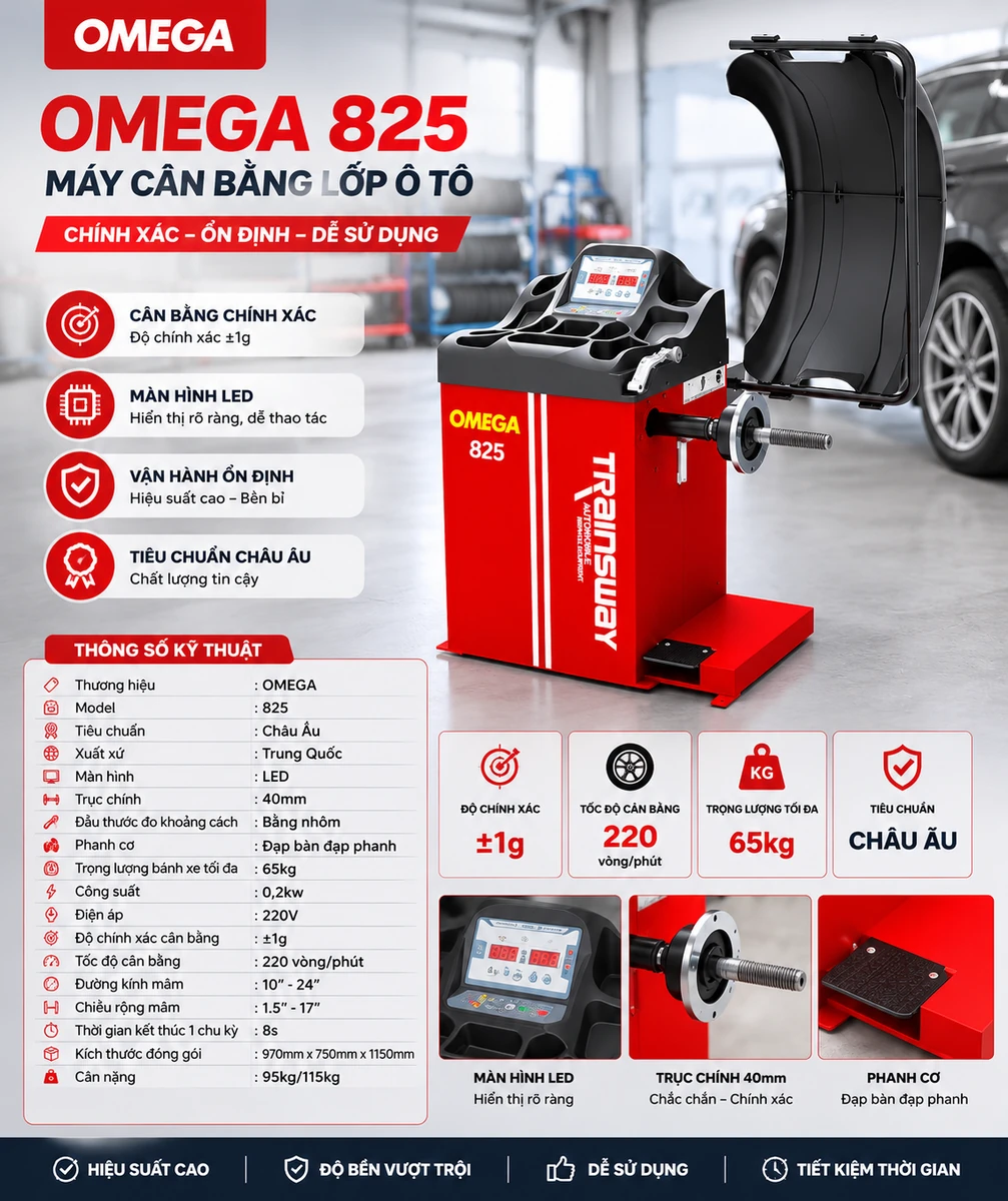 Máy cân bằng lốp ô tô OMEGA-825A, thiết bị Lộc Phát, trong kho hàng với nhiều lốp xe.