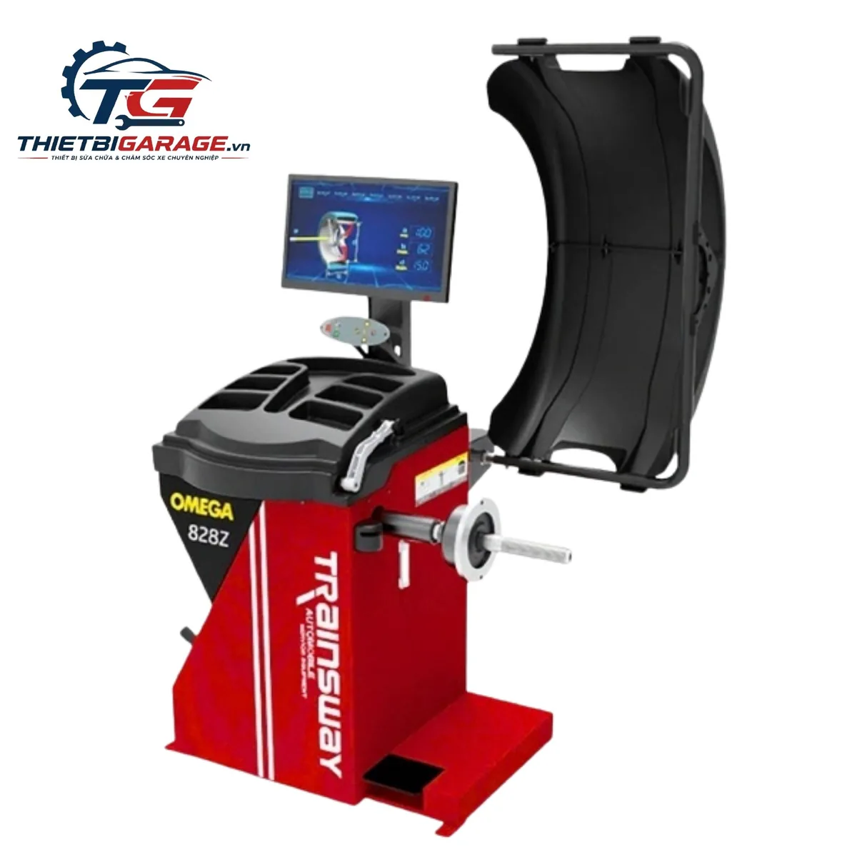 Máy cân bằng lốp OMEGA TRAINSWAY 828Z chính hãng với màn hình LCD 22 inch và tia laser chỉ điểm.