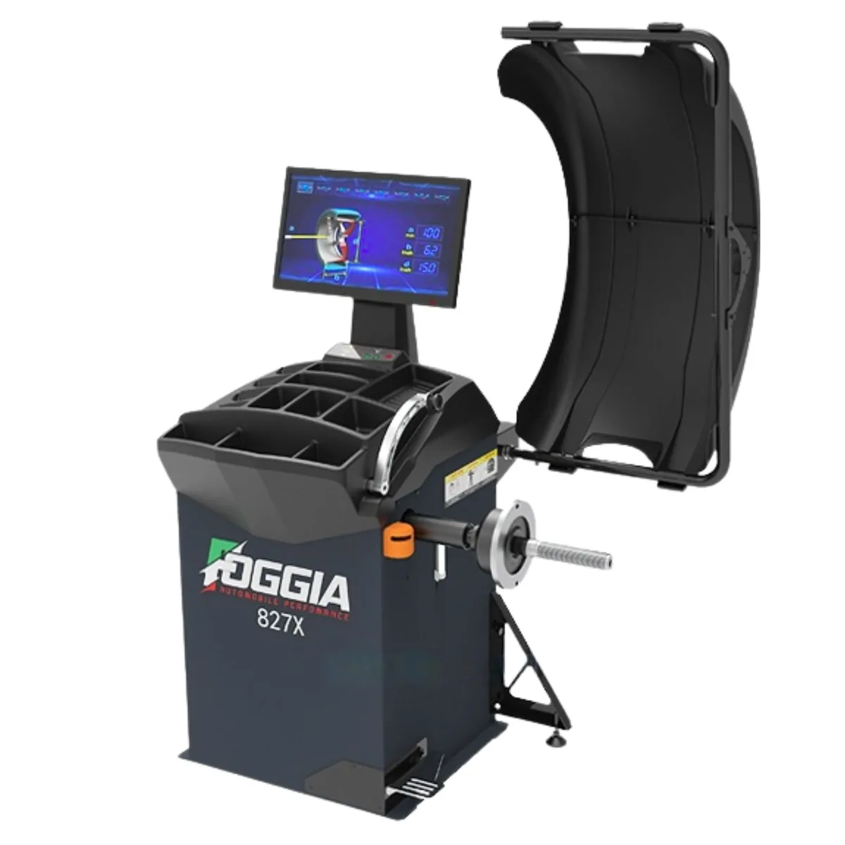 Máy cân bằng lốp ô tô FOGGIA F827X LCD 22 inch chính hãng, hiển thị thông số kỹ thuật chi tiết trên màn hình.