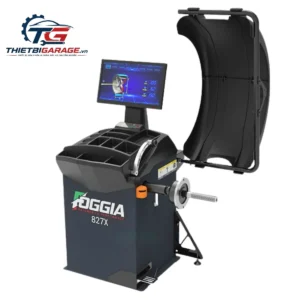 Máy cân bằng lốp ô tô Foggia F827X LCD 22 inch với màn hình hiển thị thông số kỹ thuật chi tiết.