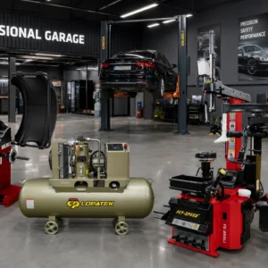 Máy cân lốp ô tô OMEGA 825 chính hãng đang hoạt động trong không gian garage chuyên nghiệp, nâng đỡ bánh xe.
