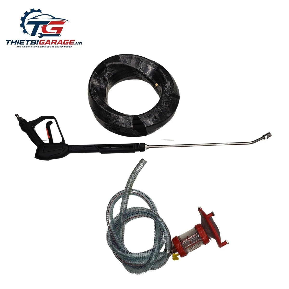 Bộ phụ kiện máy rửa xe cao áp Lopatek WL-55S4: súng phun, dây áp lực, bộ lọc nước.