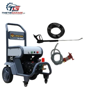 Máy rửa xe cao áp Lopatek WL-55S4 đầy đủ phụ kiện: súng phun, dây áp lực cao, dây hút nước, bộ lọc.