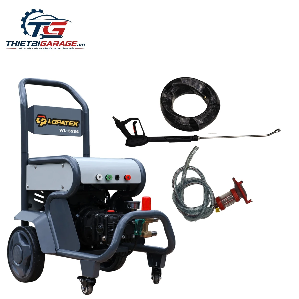 Máy rửa xe cao áp Lopatek WL-55S4 đầy đủ phụ kiện: súng phun, dây áp lực cao, dây hút nước, bộ lọc.