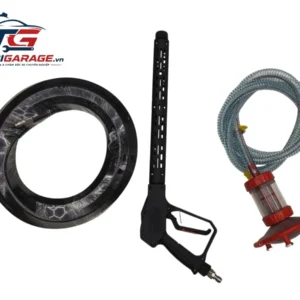 Phụ kiện máy rửa xe cao áp Lopatek WL-30S4: cuộn dây áp lực lớn, súng phun cao áp, bộ lọc nước.