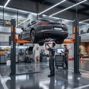 Kỹ thuật viên sửa chữa xe sang Porsche trên cầu nâng ô tô 2 trụ Omega OM-40S-1.