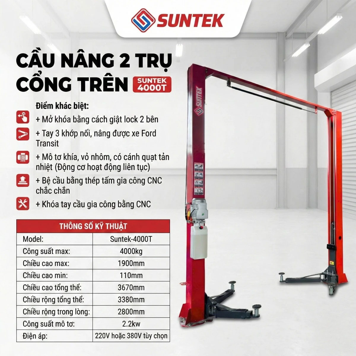 Bảng thông số kỹ thuật chi tiết của cầu nâng ô tô 2 trụ Suntek-4000T.