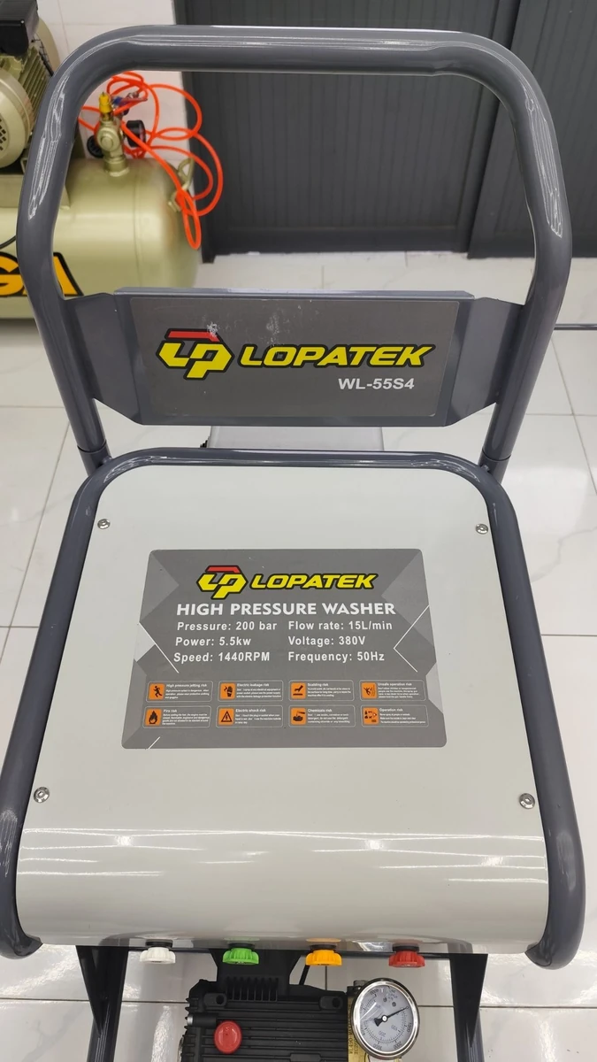 Tem thông số kỹ thuật máy rửa xe cao áp Lopatek WL-55S4: 200 Bar, 5.5 kW, 380V.
