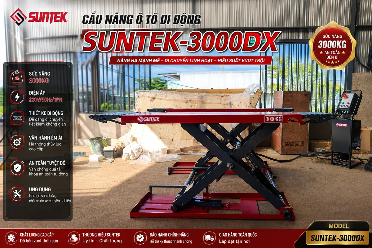 Cầu nâng ô tô cắt kéo di động Suntek 3000DX Cầu nâng ô tô cắt kéo di động Suntek 3000DX tải trọng 3 tấn, thiết kế linh hoạt.