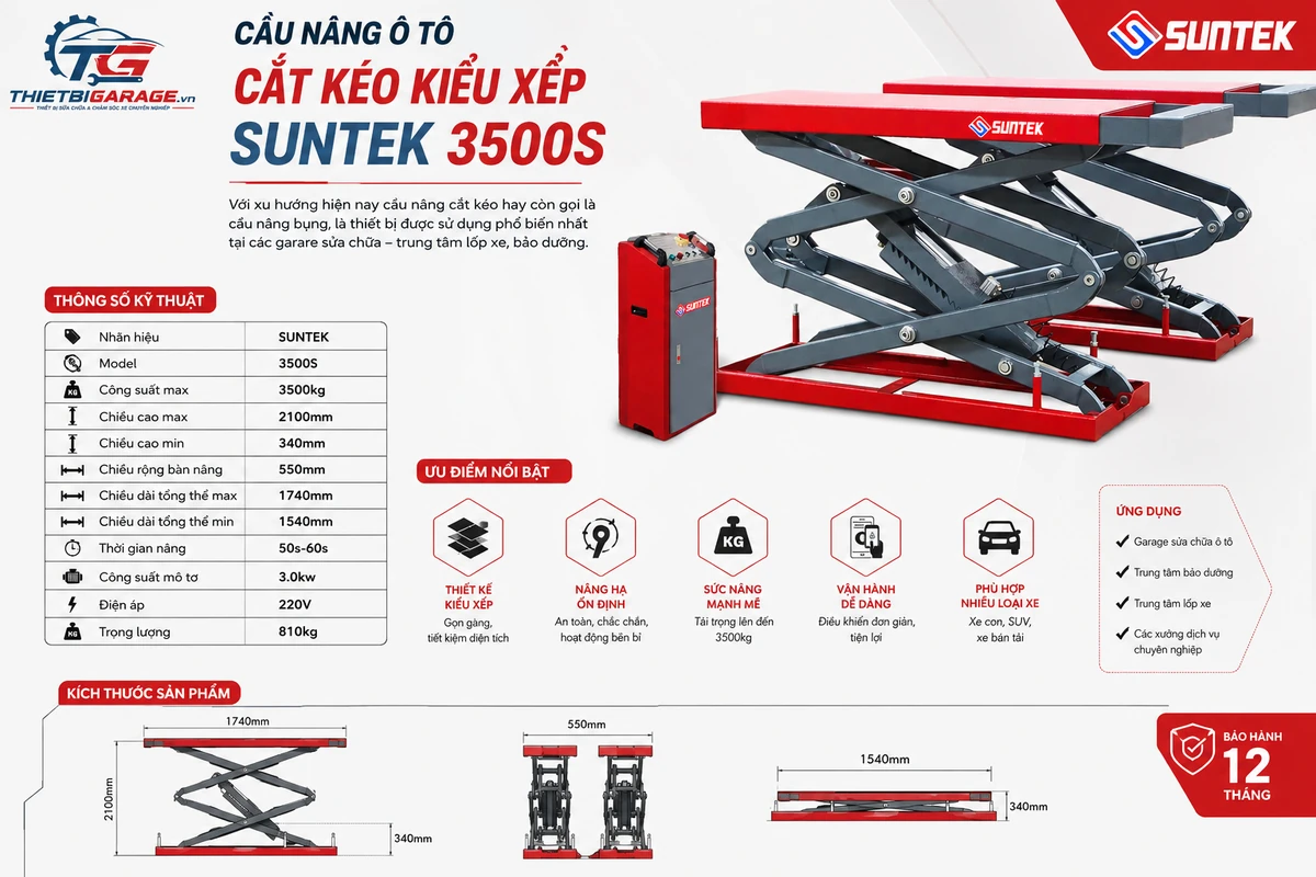Cầu nâng ô tô cắt kéo kiểu xếp Suntek 3500S - Thông số kỹ thuật chi tiết Cầu nâng ô tô cắt kéo kiểu xếp Suntek 3500S, tải trọng 3500kg, chiều cao nâng 2.1m, điện áp 220V.