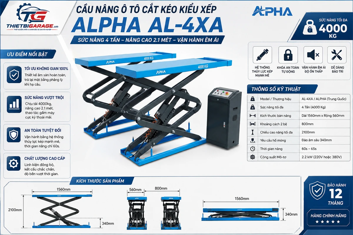 Cầu nâng ô tô cắt kéo ALPHA AL-4XA sức nâng 4 tấn, chiều cao nâng 2.1 mét, vận hành êm ái.