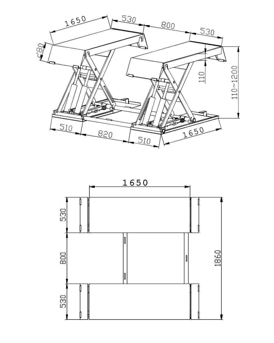 Bản vẽ thông số kích thước chi tiết của cầu nâng ô tô kiểu xếp Alpha AL-4XD do Thiết bị Lộc Phát phân phối chính hãng.