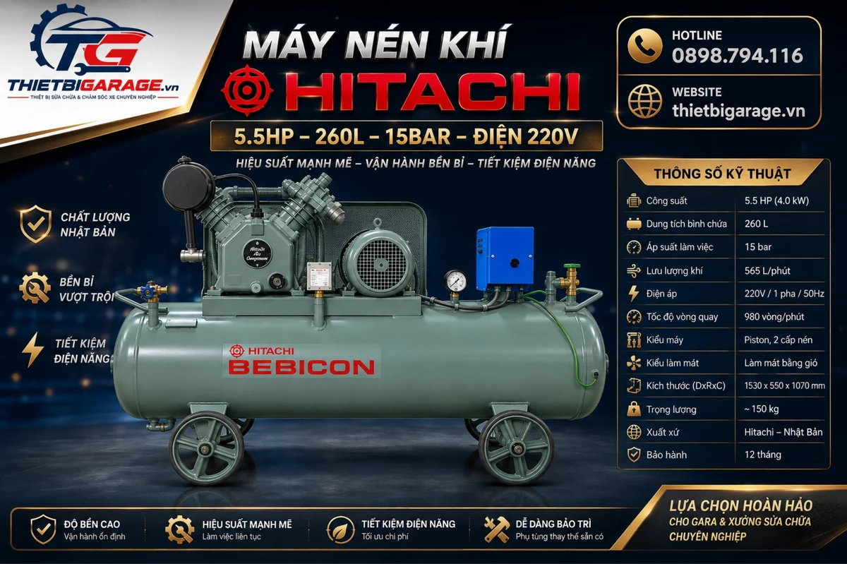 Máy nén khí Hitachi Bebicon 5.5HP 260L 15bar điện 220V chính hãng Lộc Phát, chất lượng Nhật Bản, hiệu suất mạnh mẽ, bền bỉ.