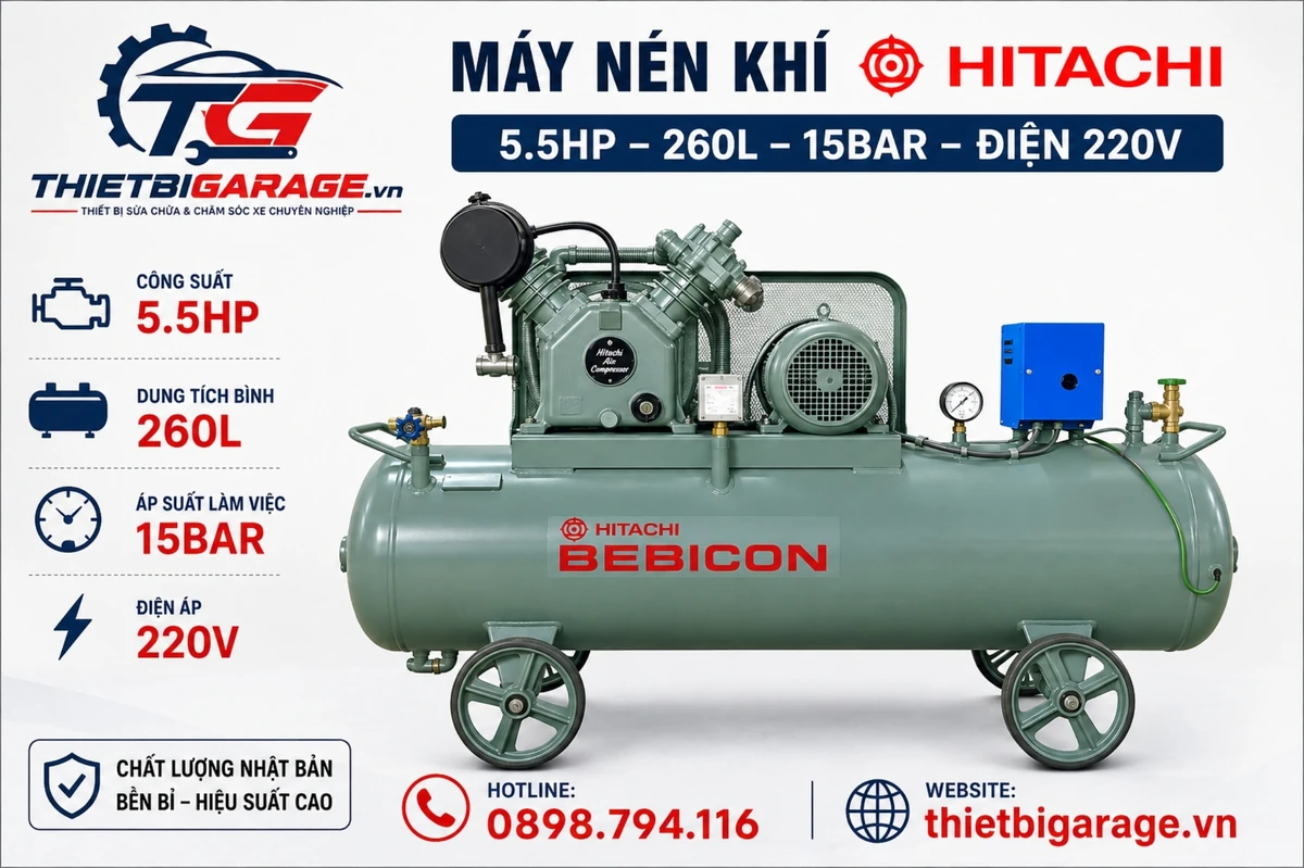 Máy nén khí Hitachi Bebicon 5.5HP 260L 15bar điện 220V chính hãng Lộc Phát, chuyên dùng gara ô tô, tiệm lốp.