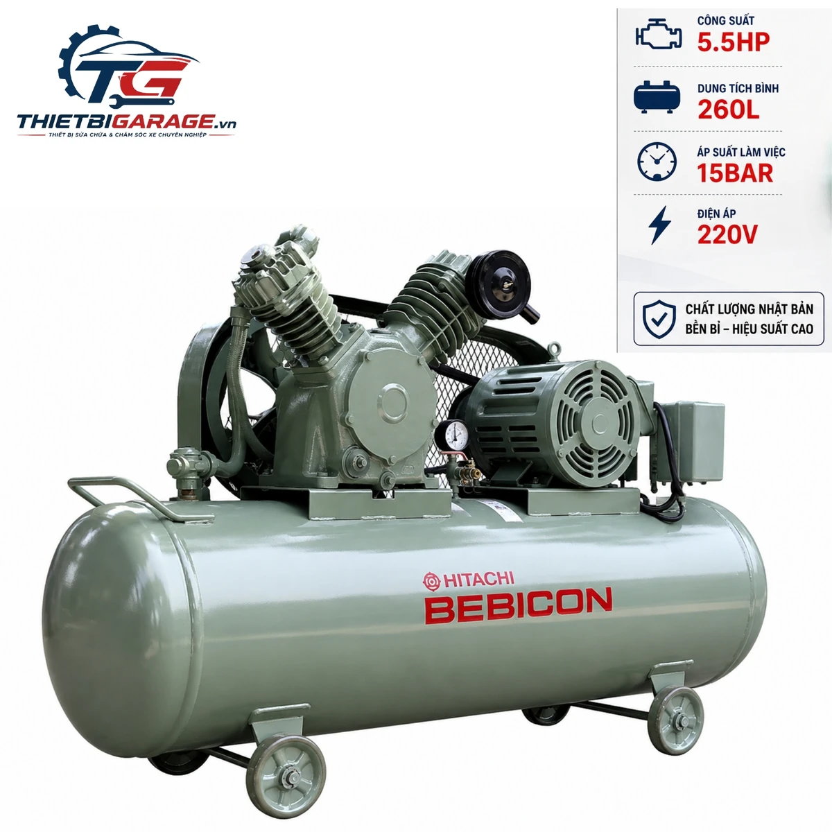 Máy nén khí Hitachi Bebicon 5.5HP 260L 15bar 220V chính hãng Lộc Phát, giá tốt nhất cho garage ô tô.