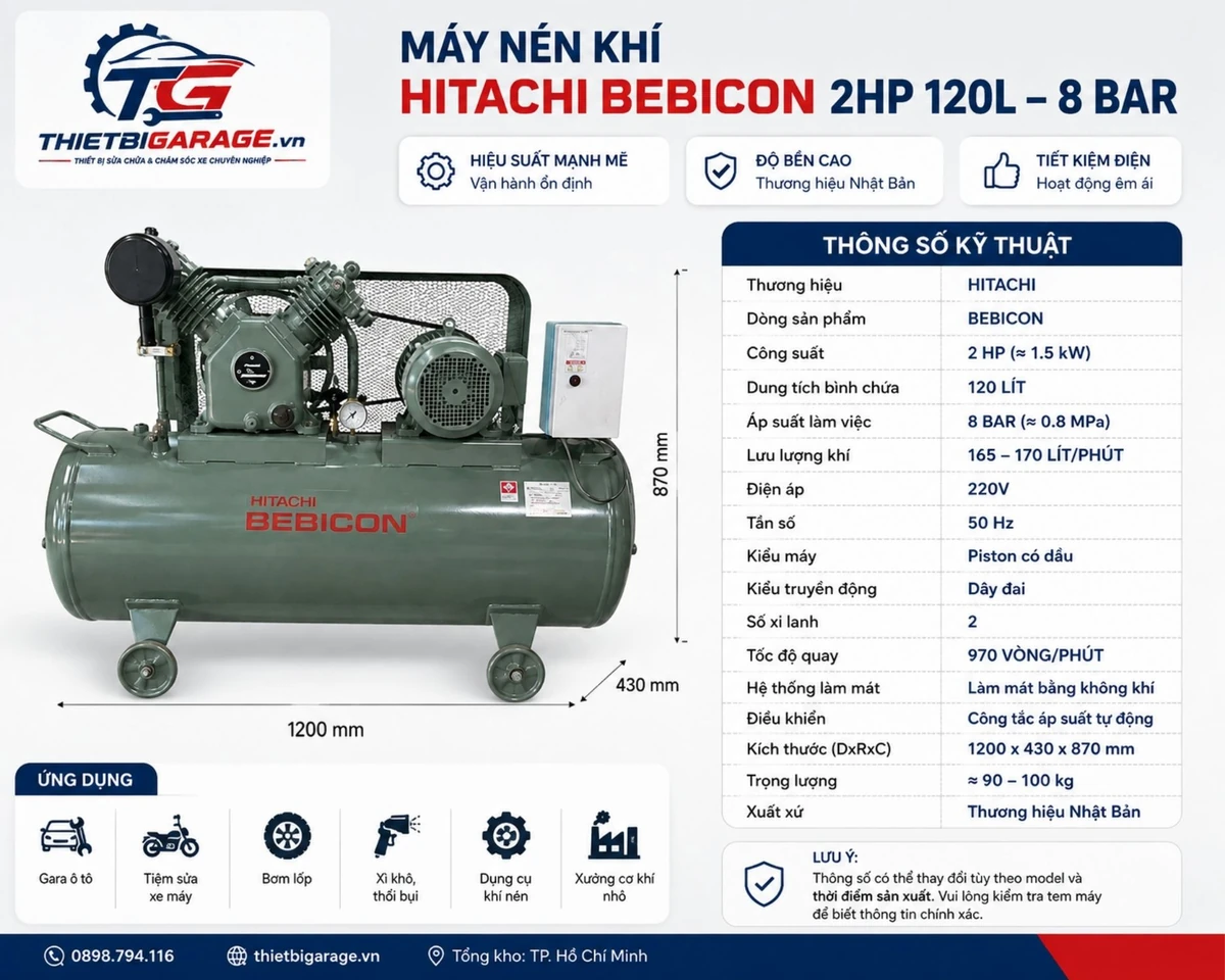 Máy nén khí Hitachi BEBICON 2HP 120L 8 Bar 220V - Thông số kỹ thuật và ứng dụng Máy nén khí Hitachi BEBICON 2HP 120L 8 Bar 220V chính hãng, thông số kỹ thuật chi tiết.