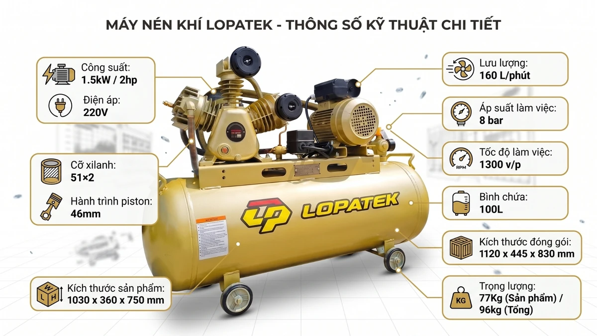 Máy nén khí Lopatek 2HP 100L - Thông số kỹ thuật chi tiết Máy nén khí Lopatek 2HP 100L với thông số kỹ thuật chi tiết: công suất 1.5kW, áp suất 8 bar, lưu lượng 160 L/phút.