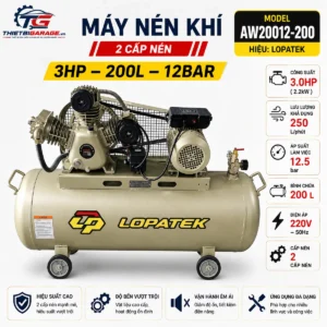 Máy nén khí Lopatek 3HP 200L 220V model AW20012-200, áp suất 12 bar, lưu lượng 200 L/phút.