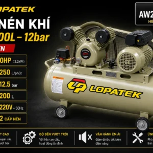 Máy nén khí Lopatek 3HP 200L 220V AW20012-200, áp suất 12 bar, lưu lượng 250 L/phút.