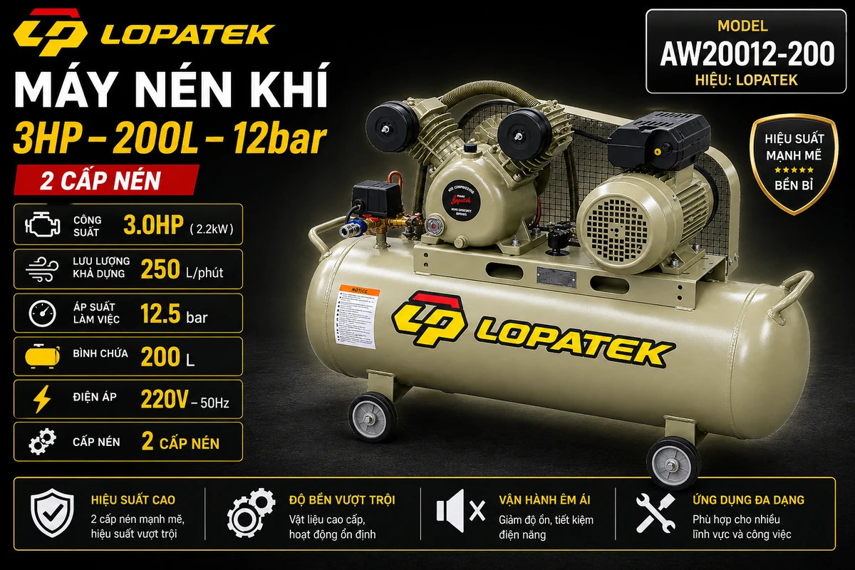 Máy nén khí Lopatek 3HP 200L 220V chính hãng Máy nén khí Lopatek 3HP 200L 220V AW20012-200, áp suất 12 bar, lưu lượng 250 L/phút.