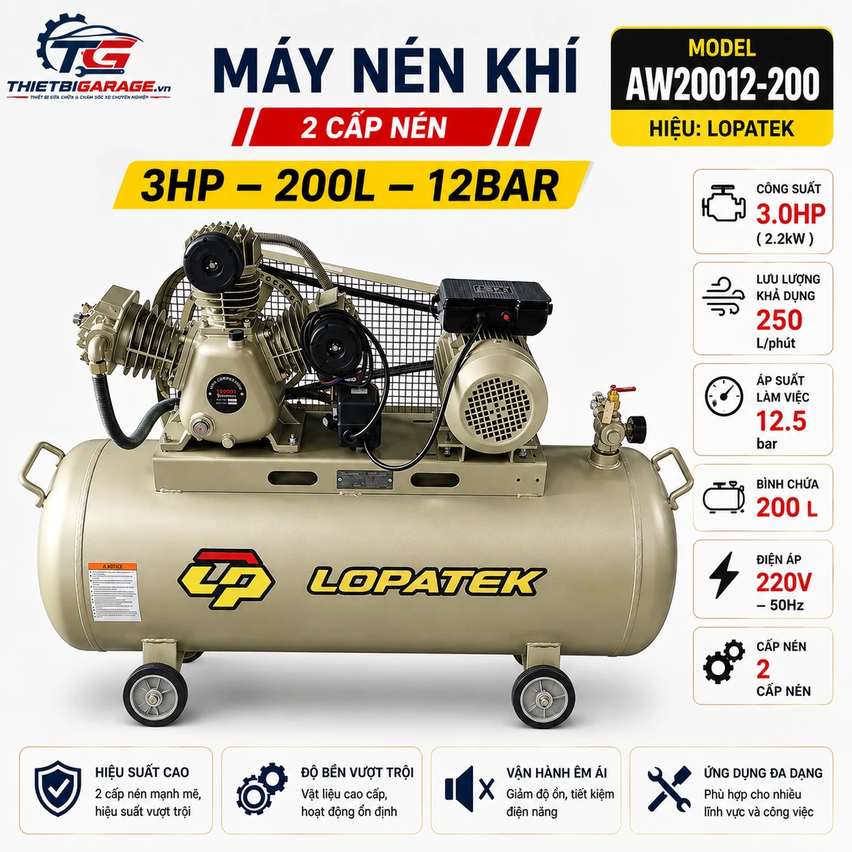 Máy nén khí Lopatek 3HP 200L 220V model AW20012-200, áp suất 12 bar, lưu lượng 200 L/phút.
