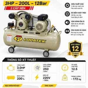 Máy nén khí Lopatek 3HP 200L AW20012-200 với 2 cấp nén mạnh mẽ, áp suất 12 bar.