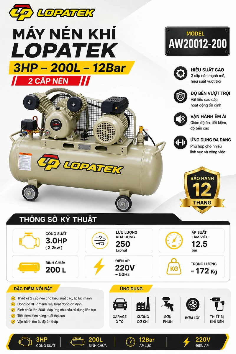Máy nén khí Lopatek 3HP 200L 220v áp 12 bar Máy nén khí Lopatek 3HP 200L AW20012-200 với 2 cấp nén mạnh mẽ, áp suất 12 bar.