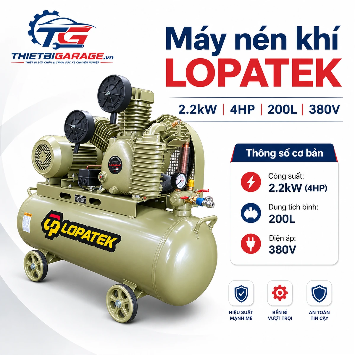 Máy nén khí LOPATEK 4HP 200L 380V - Thông số kỹ thuật và hình ảnh chi tiết Máy nén khí LOPATEK 4HP 200L 380V chính hãng, thông số kỹ thuật chi tiết.