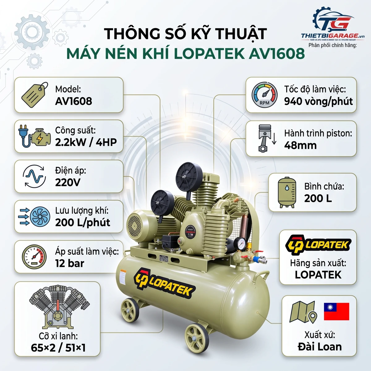 Thông số kỹ thuật máy nén khí LOPATEK AV1608 4HP 200L Máy nén khí LOPATEK AV1608 4HP 200L 380V chính hãng, thông số kỹ thuật chi tiết.