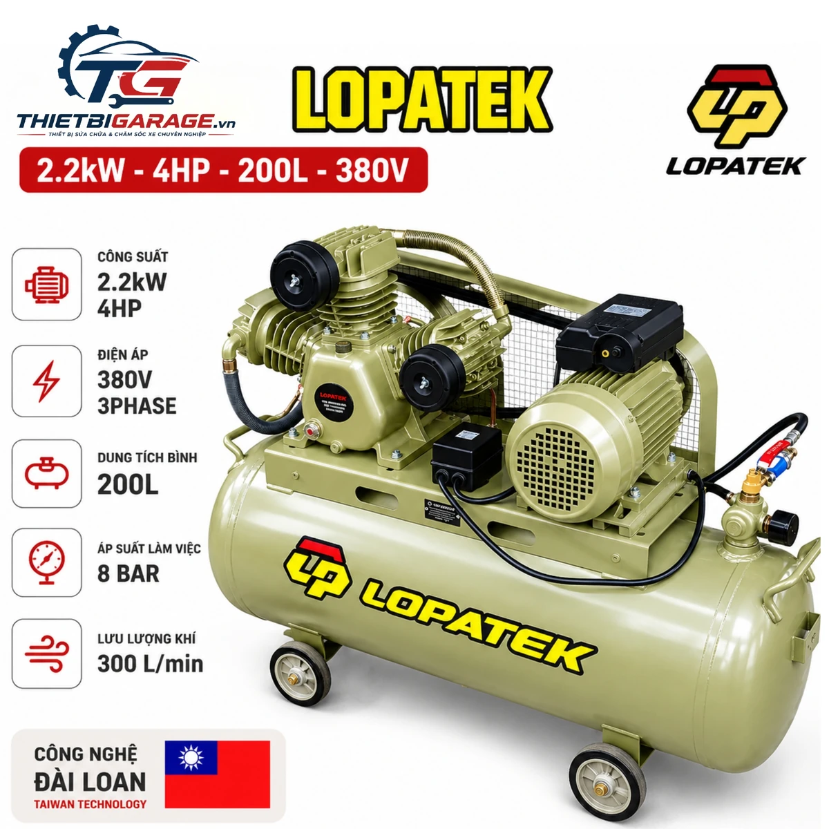 Máy nén khí LOPATEK 4HP 200L 380V chính hãng, công nghệ Đài Loan.