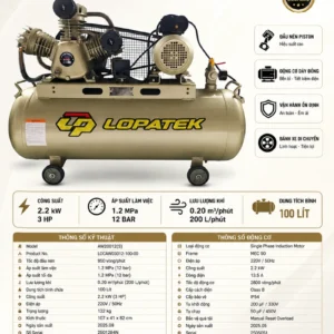 Máy nén khí LOPATEK AW20012(S) 3HP 100L 220V chính hãng, thông số kỹ thuật chi tiết.