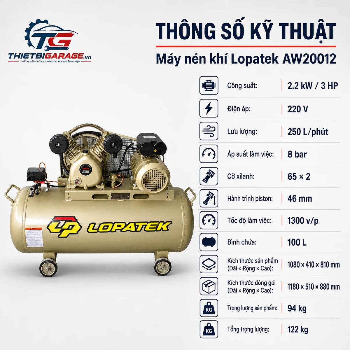 Thông số kỹ thuật máy nén khí Lopatek AW20012 Máy nén khí Lopatek AW20012 3HP 100L với thông số kỹ thuật chi tiết